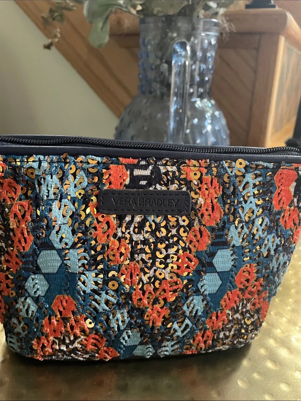 Vera Bradley Navy, Orange & Light Blue Embroidered Wristlet With Wrist Strap